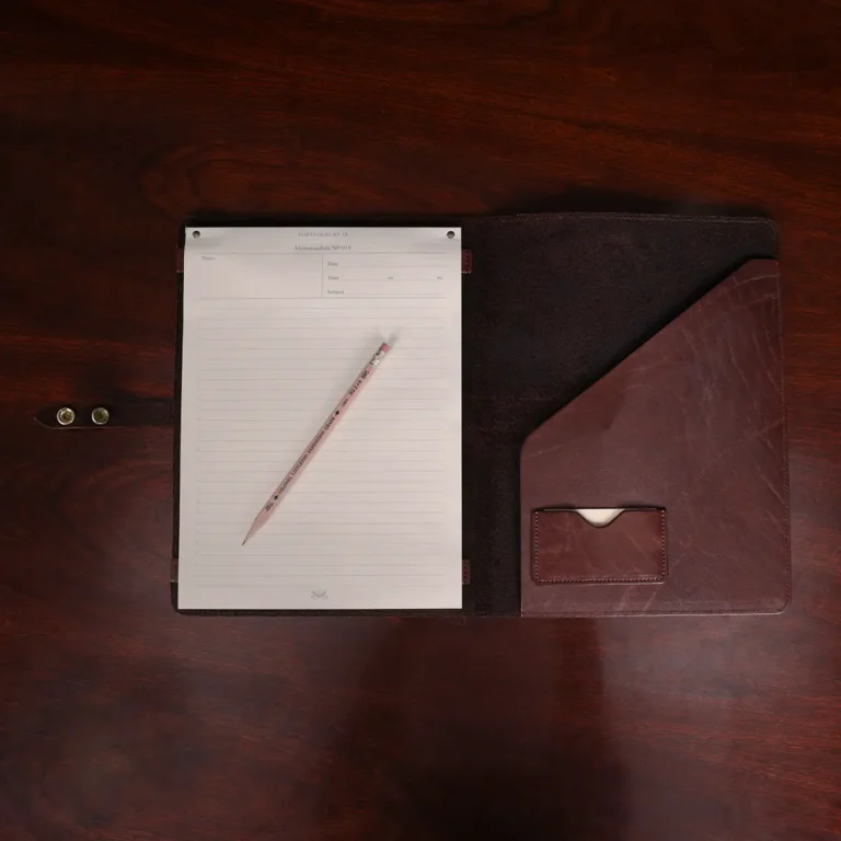 left handed leather portfolio vintage brown open view