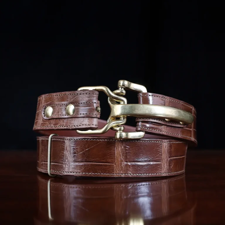 No. 5 Cinch Belt in brown American Alligator and brass buckle showing the main