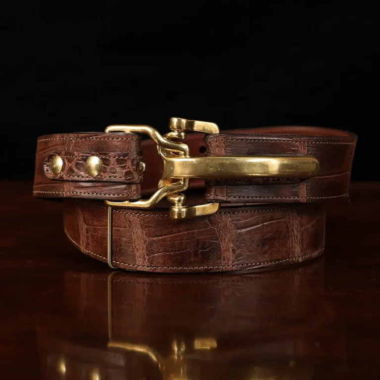 No. 5 Cinch Belt in brown American Alligator and brass buckle - id 002 - front coiled view