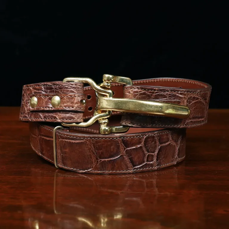 No. 5 Cinch Belt in brown American Alligator and brass buckle - id 002 - front coiled view