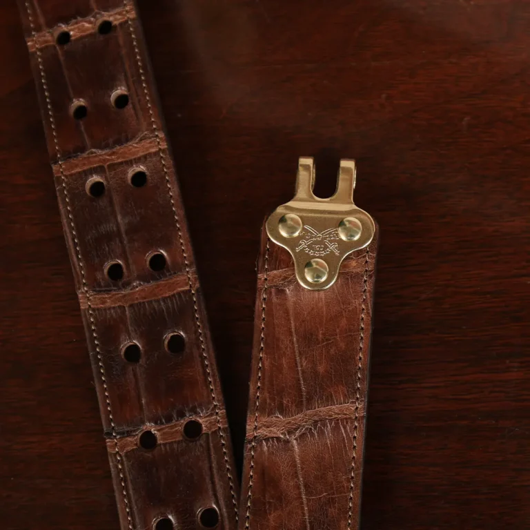 No. 5 Cinch Belt in brown American Alligator and brass buckle - id 002 - hook view