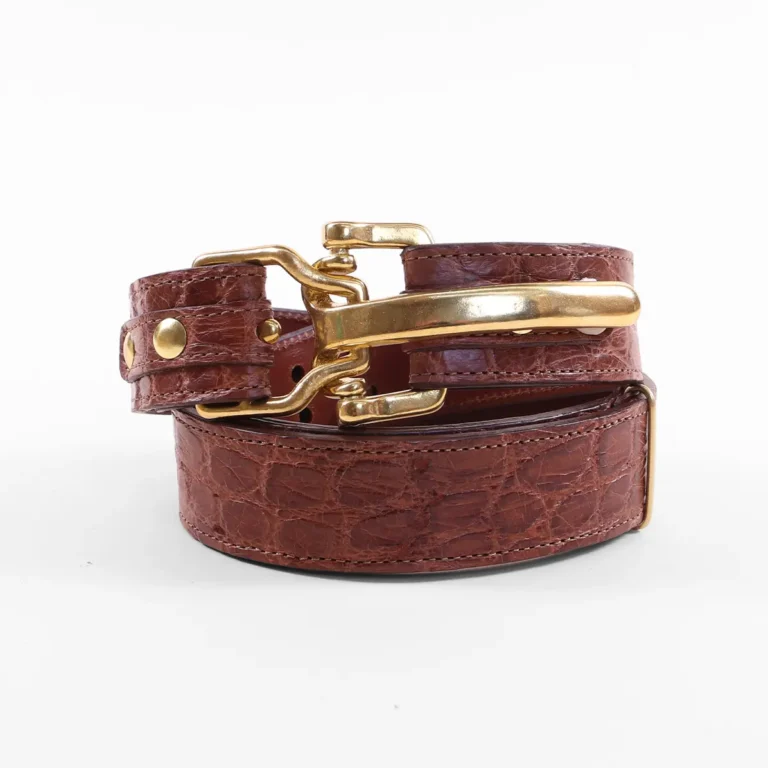 No. 5 Cinch Belt in brown American Alligator and brass buckle - ID 001 - front coiled view
