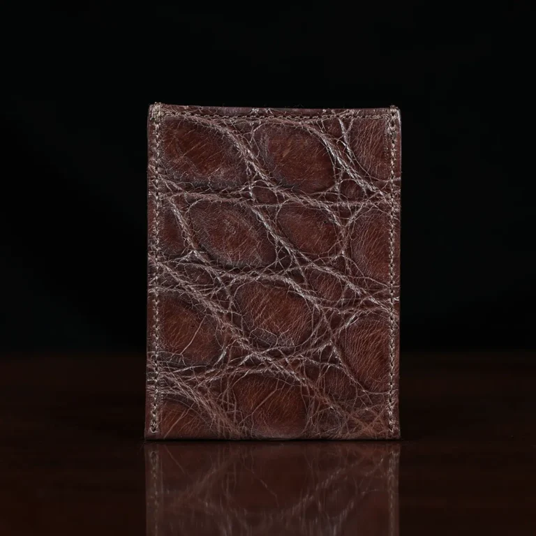No. 4 Card Case in Vintage Brown American Alligator - ID 001 - front view cut out on No. 2 Card Wallet in Vintage Brown American Alligator - ID 001 - back view on a black background