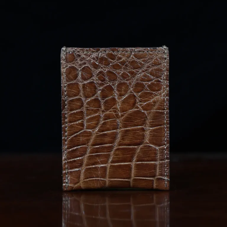 No. 4 Card Case in Vintage Brown American Alligator - ID 001 - front view cut out on No. 2 Card Wallet in Vintage Brown American Alligator - ID 001 - back view on a black background