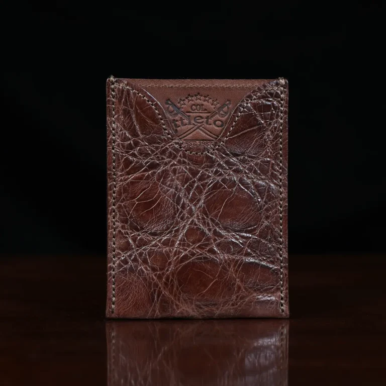 No. 4 Card Case in Vintage Brown American Alligator - ID 001 - front view cut out on No. 2 Card Wallet in Vintage Brown American Alligator - ID 001 - front view on a black background