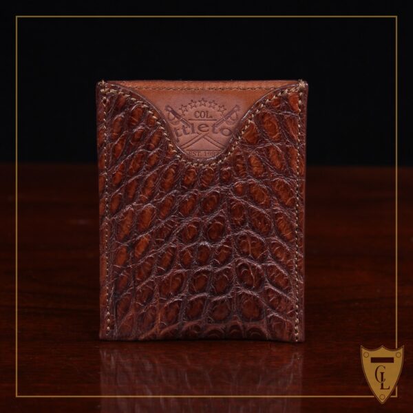 No. 4 Card Case in Vintage Brown American Alligator - ID 002 - front view cut out on No. 2 Card Wallet in Vintage Brown American Alligator - ID 001 - front view on a black background