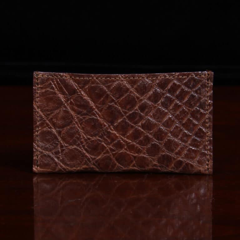No. 3 Card Wallet in Vintage Brown American Alligator - ID 001 - front view cut out on No. 2 Card Wallet in Vintage Brown American Alligator - ID 001 - back view on a black background