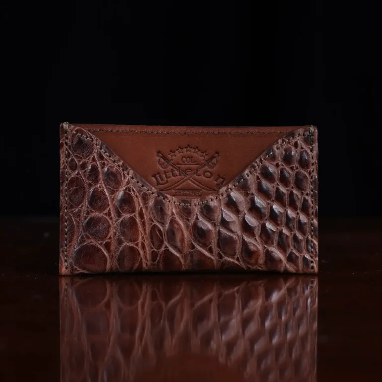 No. 3 Card Wallet in Vintage Brown American Alligator - ID 001 - front view cut out on No. 2 Card Wallet in Vintage Brown American Alligator - ID 001 - front view on a black background