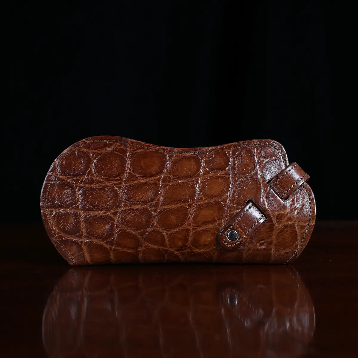 No. 2 Eyecase Glasses Case in Brown American Alligator with glasses- ID 001 - back view on black background