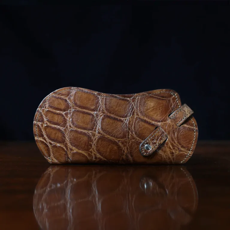 No. 2 Eyecase Glasses Case in Brown American Alligator with glasses- ID 001 - back view on black background