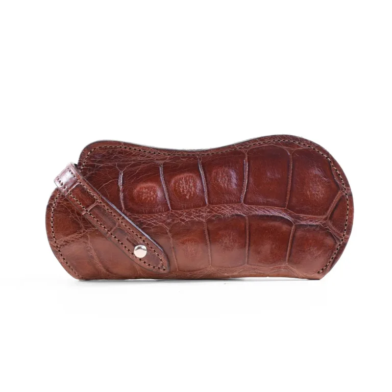 No. 2 Eyecase Glasses Case in Brown American Alligator with glasses- ID 001 - front view on a white background