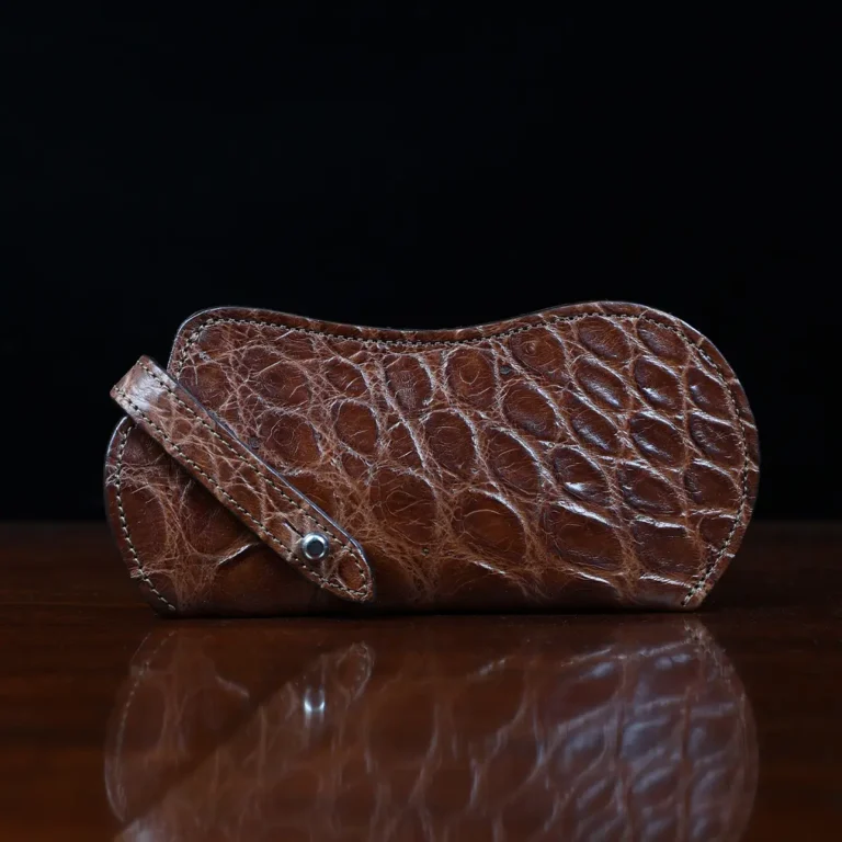 No. 2 Eyecase Glasses Case in Brown American Alligator with glasses- ID 001 - front view on black background