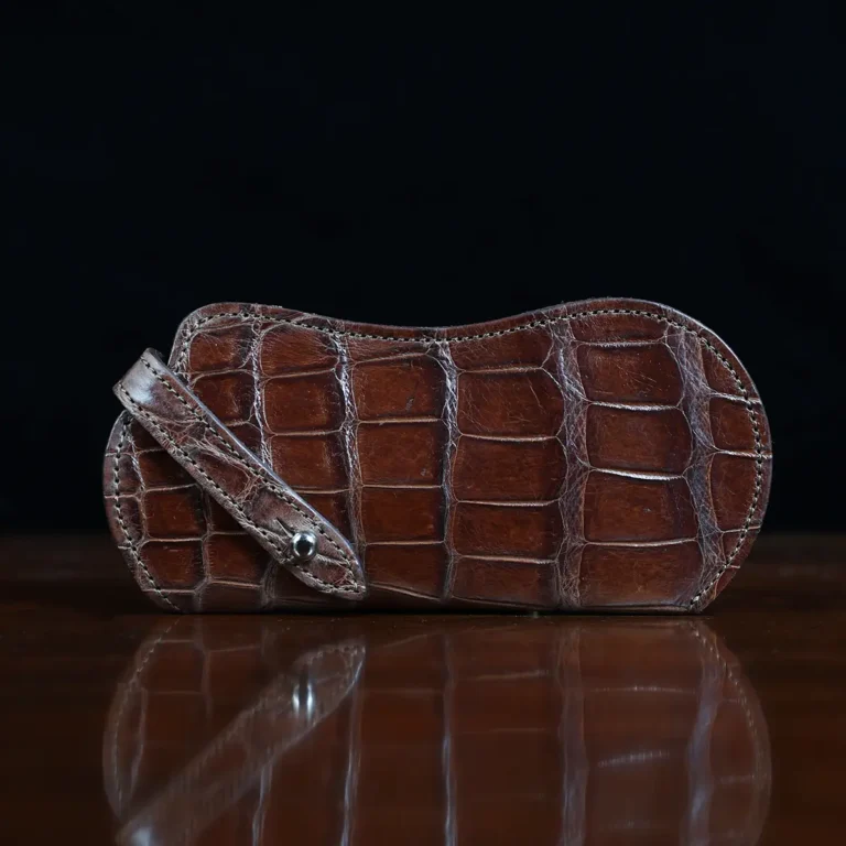 No. 2 Eyecase Glasses Case in Brown American Alligator with glasses- ID 001 - front view on black background