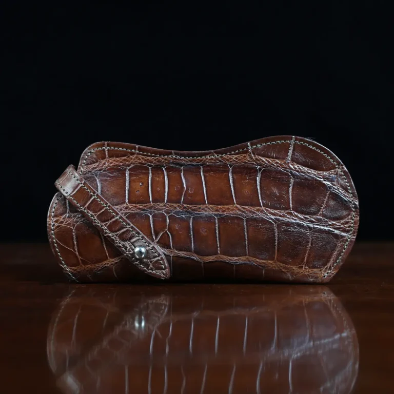 No. 2 Eyecase Glasses Case in Brown American Alligator with glasses- ID 002 - front view on black background
