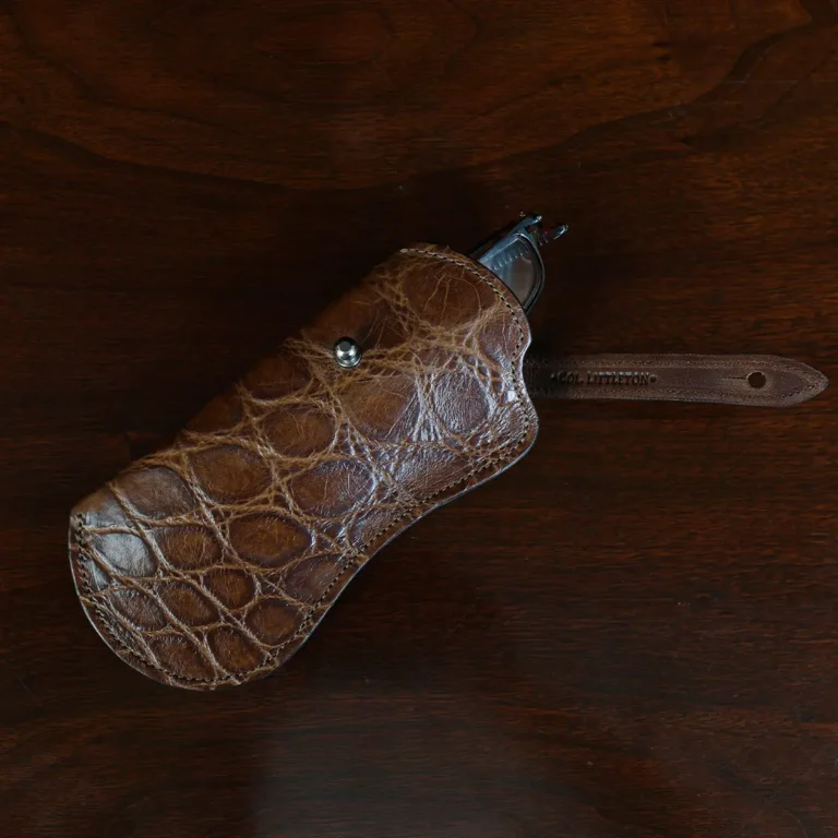 No. 2 Eyecase Glasses Case in Brown American Alligator with glasses- ID 001 - front open view on wood table