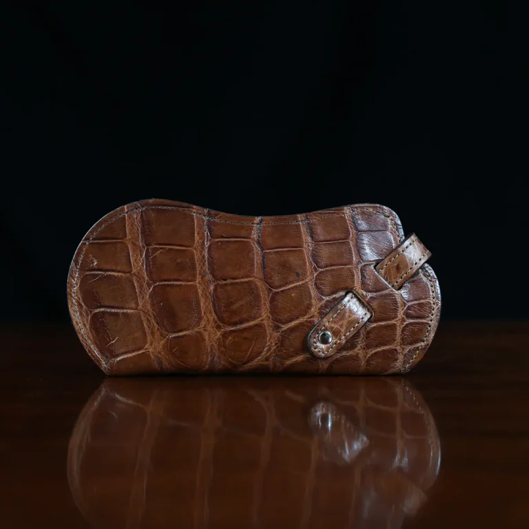 No. 2 Eyecase Glasses Case in Brown American Alligator with glasses- ID 002 - back view on black background