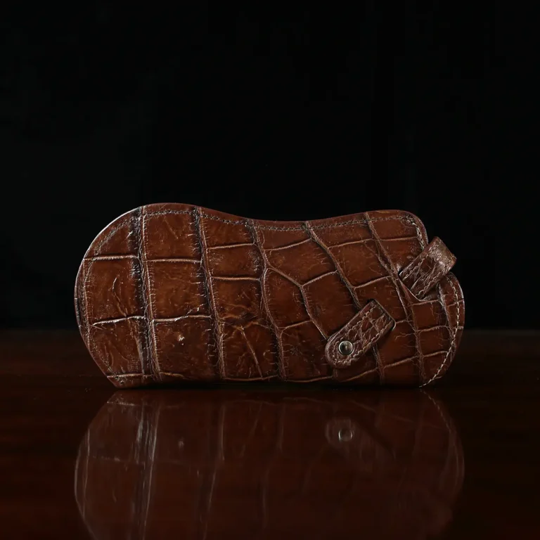 No. 2 Eyecase Glasses Case in Brown American Alligator with glasses- ID 002 - back view on black background