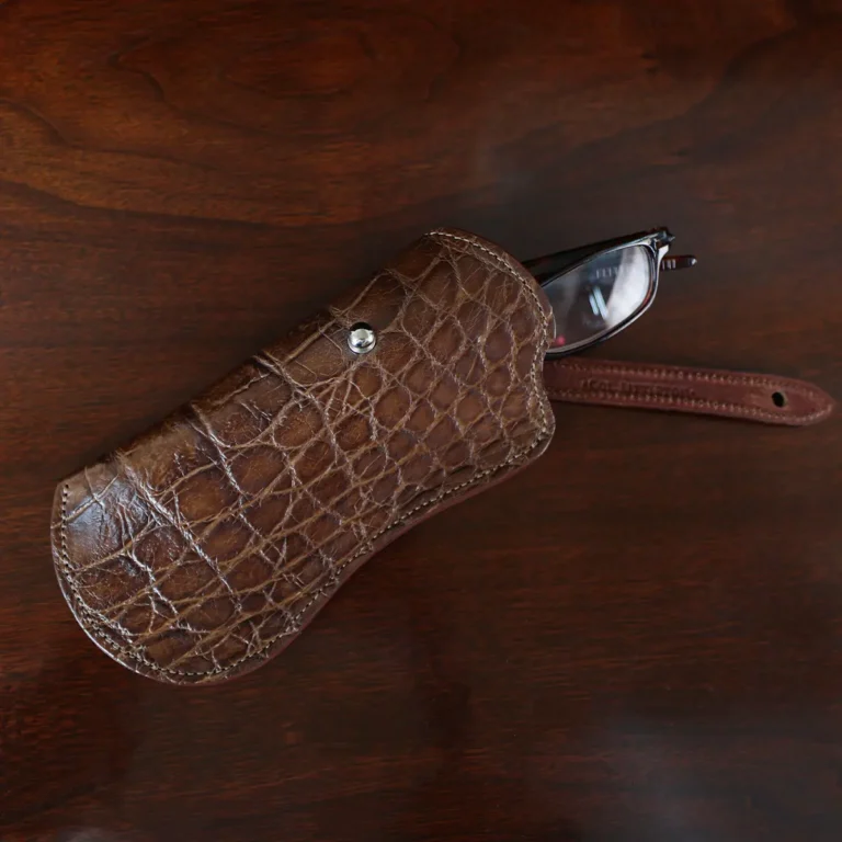No. 2 Eyecase Glasses Case in Brown American Alligator with glasses- ID 002 - front view with glasses on black background