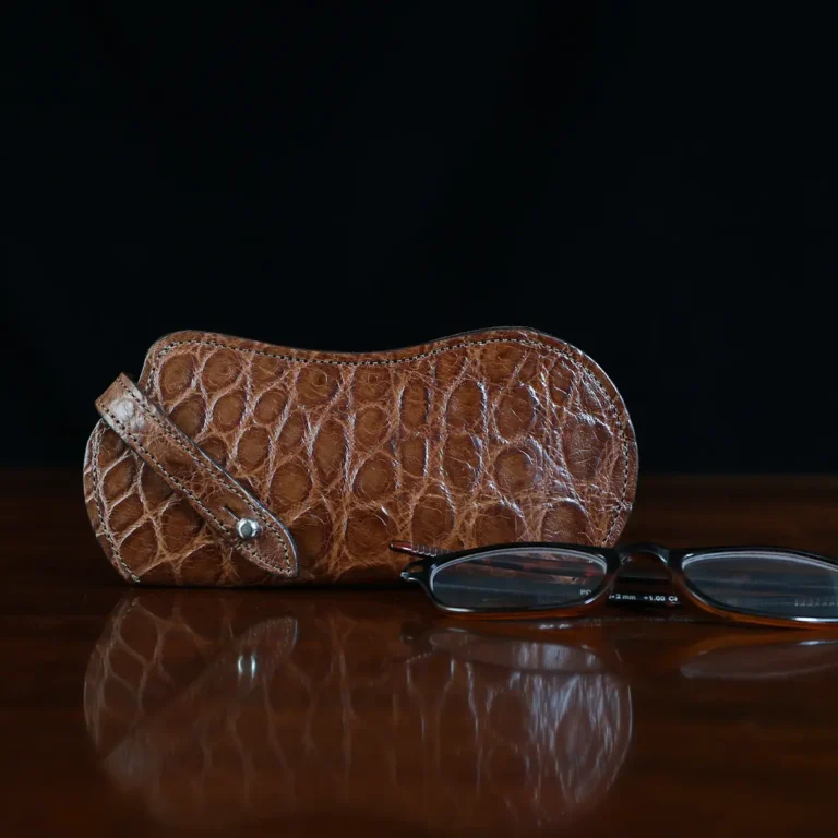 No. 2 Eyecase Glasses Case in Brown American Alligator with glasses- ID 002 - front view on black background
