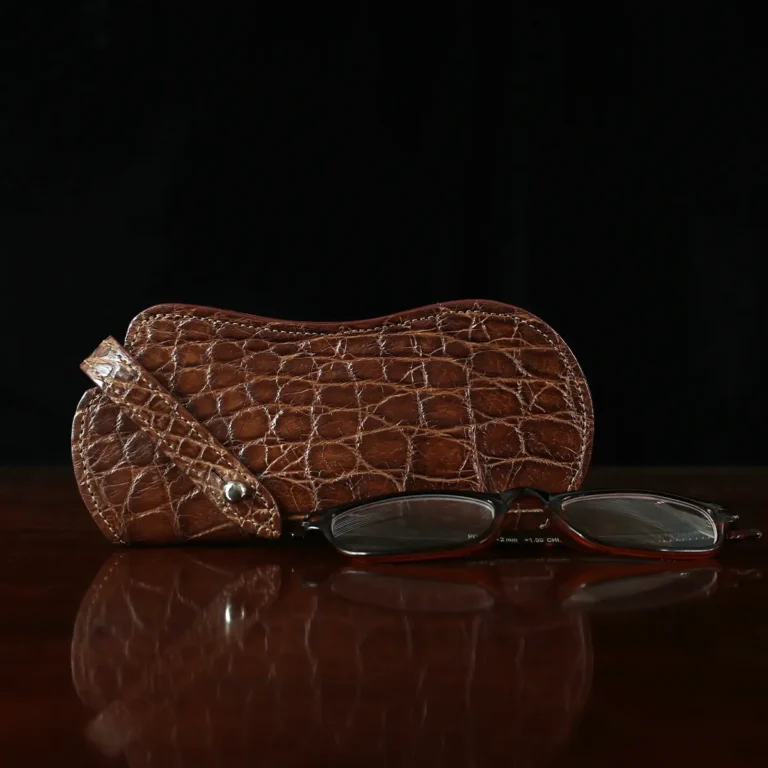 No. 2 Eyecase Glasses Case in Brown American Alligator with glasses- ID 002 - front view on black background