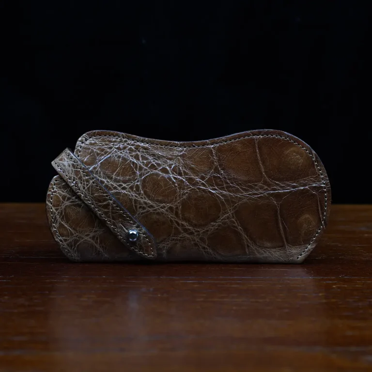 No. 2 Eyecase Glasses Case in Brown American Alligator with glasses- ID 002 - front view on black background