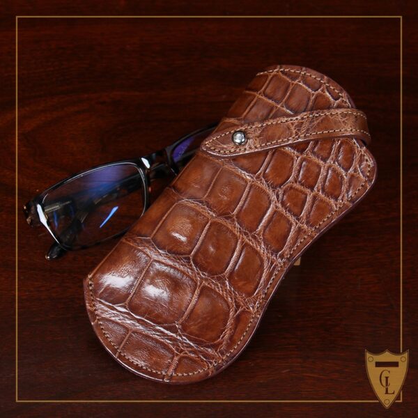 No. 2 Eyecase Glasses Case in Brown American Alligator - ID 002 - front view with a pair of reading glasses behind