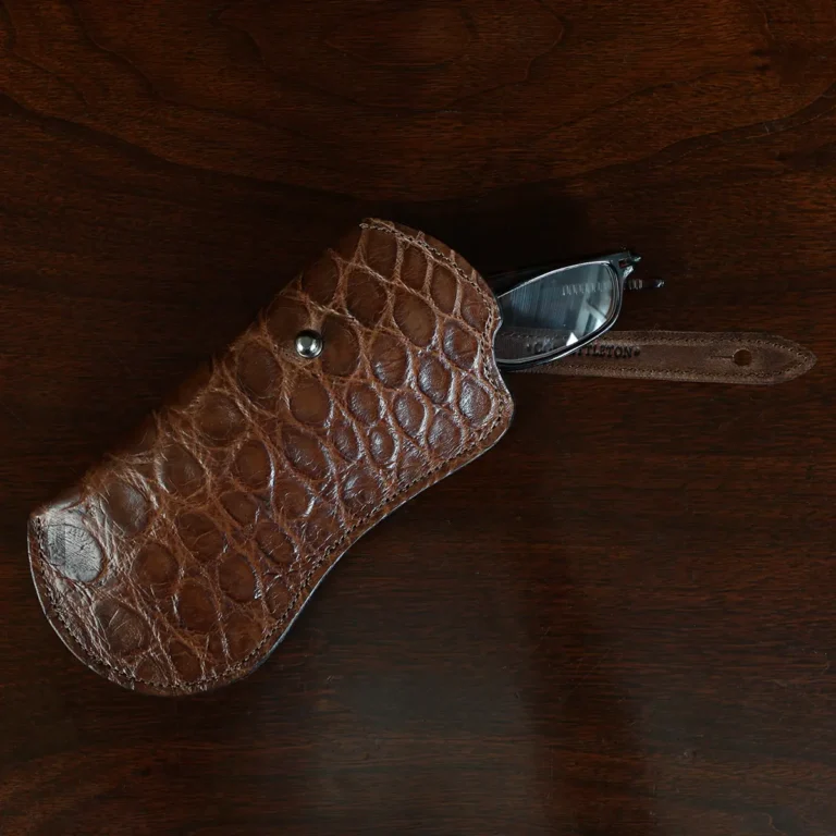 No. 2 Eyecase Glasses Case in Brown American Alligator with glasses- ID 002 - front open view on black background