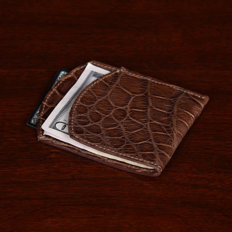 Front pocket wallet in brown American Alligator - ID 001 - laying down view on black background