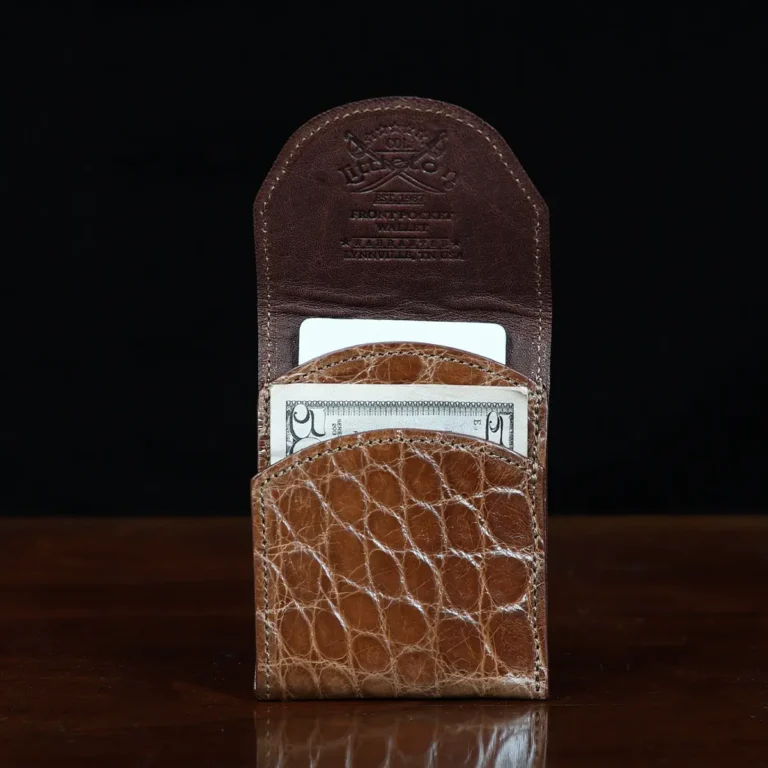 front pocket wallet in american alligator showing the front with it open