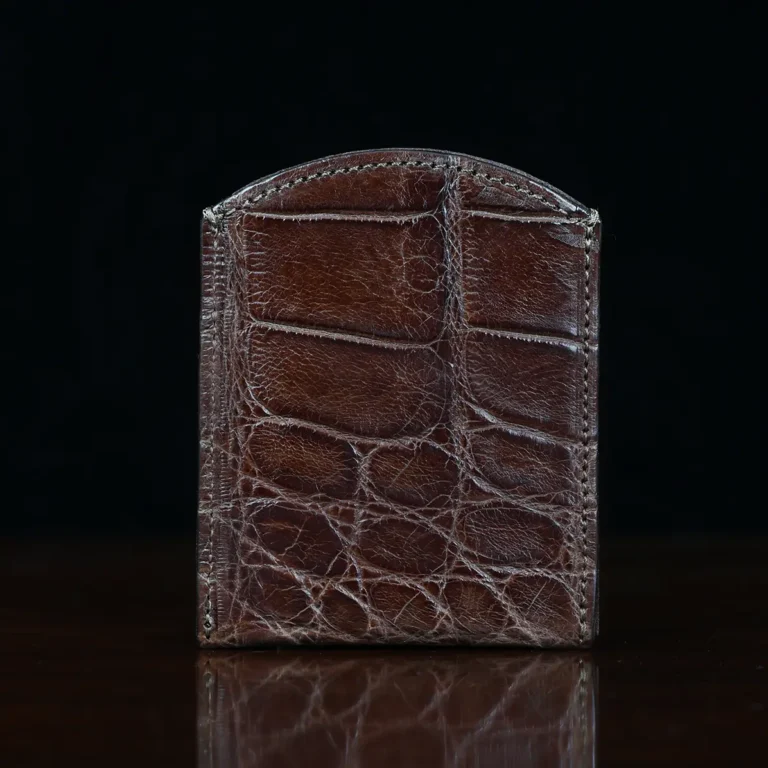 Front pocket wallet in brown American Alligator - ID 002 - back view on black background