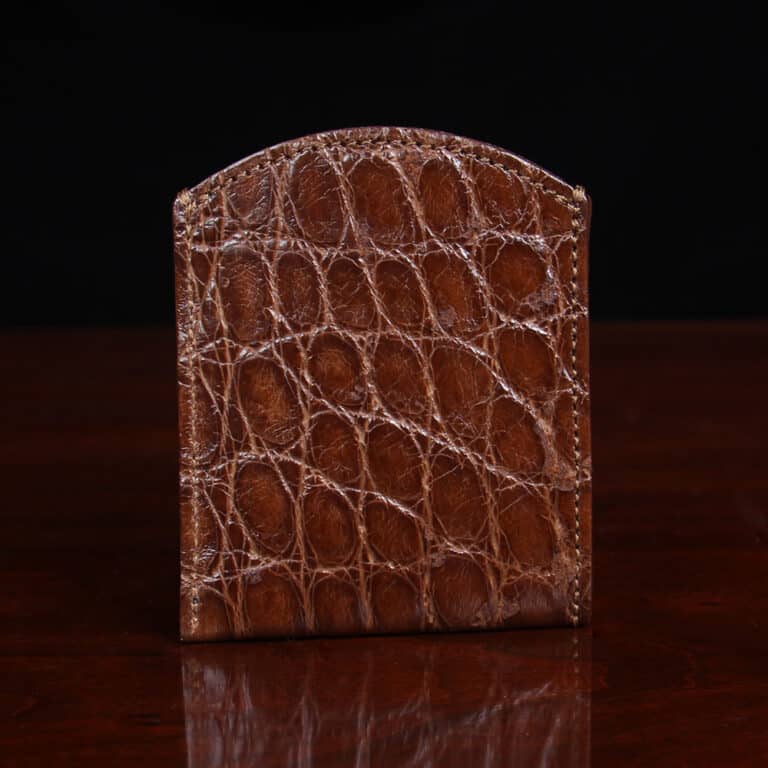 Front pocket wallet in brown American Alligator - ID 002 - back view on black background