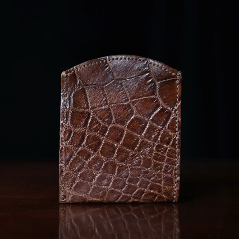 Front pocket wallet in brown American Alligator - ID 003 - back view on black background