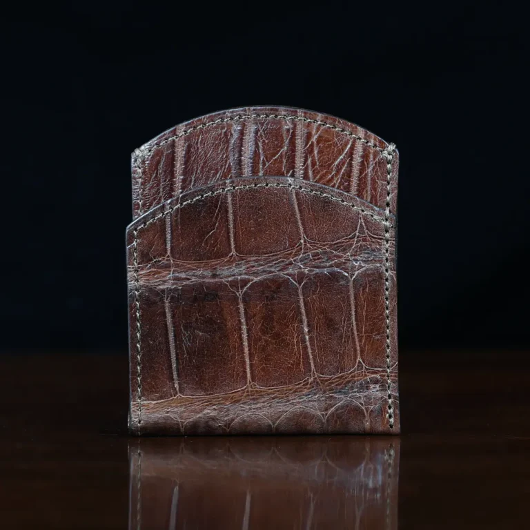 Front pocket wallet in brown American Alligator - ID 003 - front view on black background