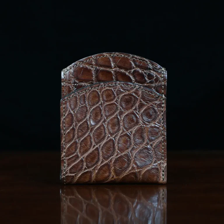 Front pocket wallet in brown American Alligator - ID 003 - front view on black background
