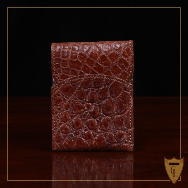 Front pocket wallet with flap in brown American Alligator - ID 001 - front view on dark background
