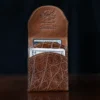 Front pocket wallet with flap in brown American Alligator - ID 001 - front open view with money