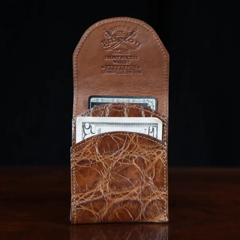 Front pocket wallet with flap in brown American Alligator - ID 001 - front open with money view