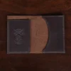 No. 2 card wallet in Vintage Brown American Alligator - ID 001 - open view on a wood table and dark background