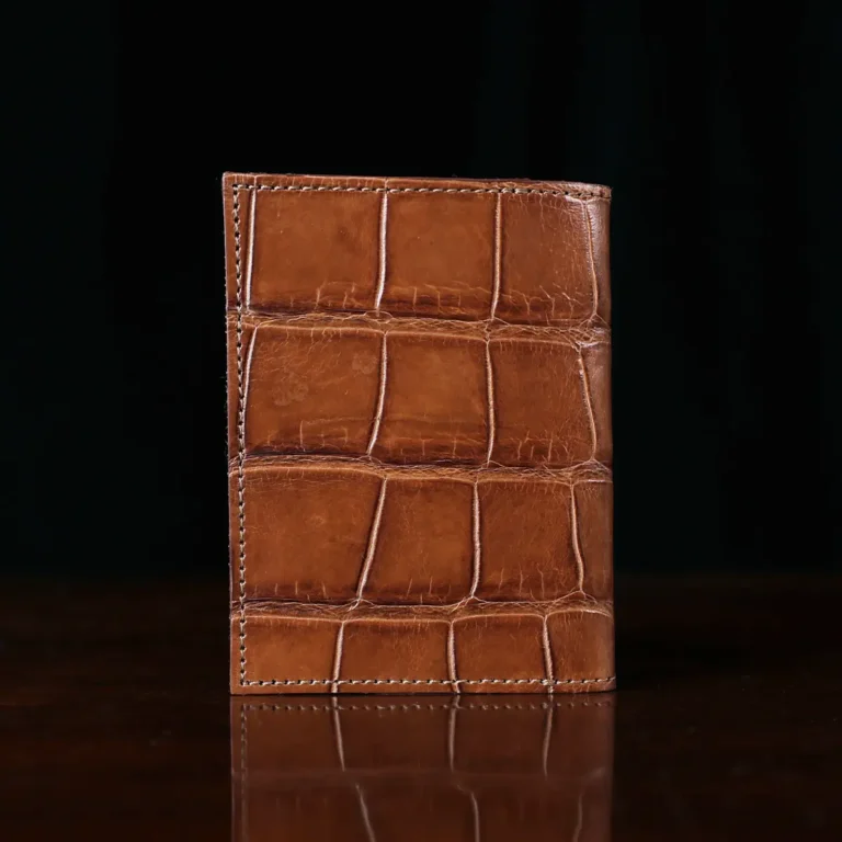 No. 2 Card Wallet in Vintage Brown American Alligator - ID 002 - back view on a black background