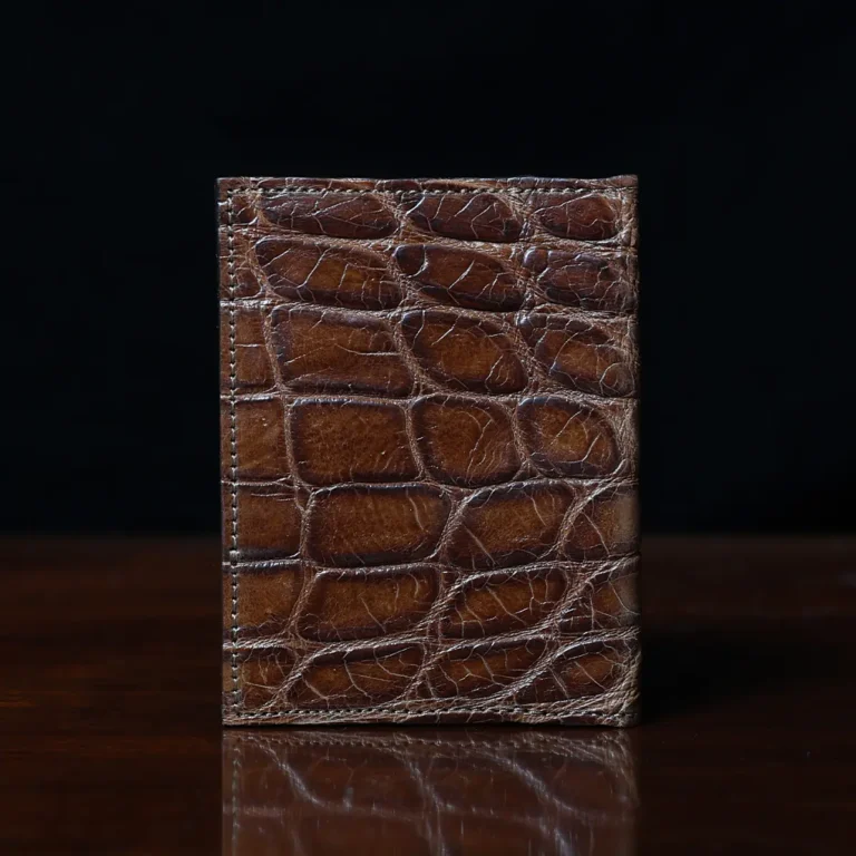 No. 2 Card Wallet in Vintage Brown American Alligator - ID 003 - back view on a black background