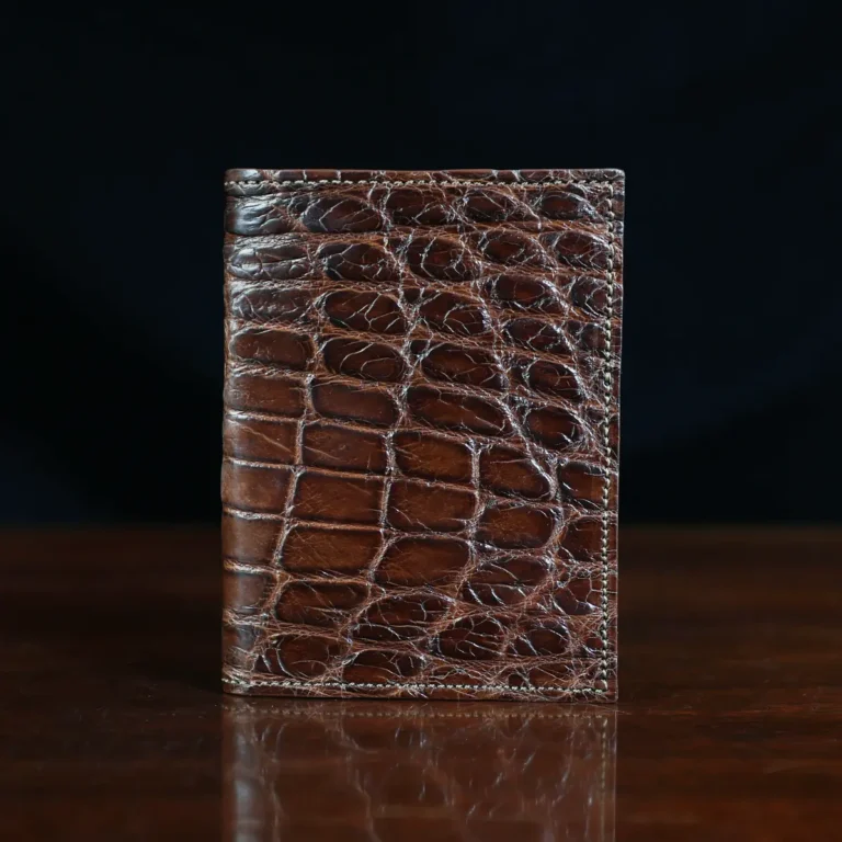 No. 2 Card Wallet in Vintage Brown American Alligator - ID 002 - front view on a black background