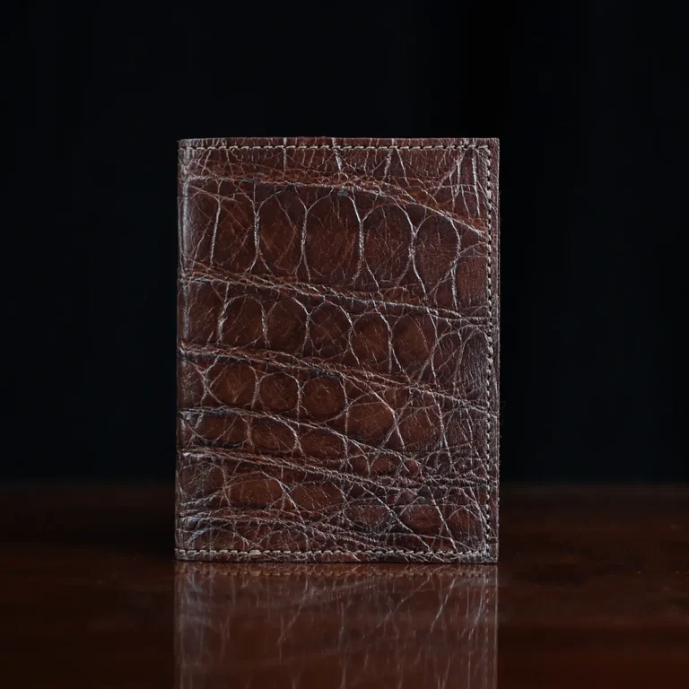 No. 2 Card Wallet in Vintage Brown American Alligator - ID 003 - front view on a black background