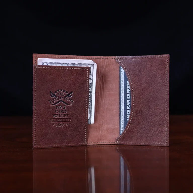 No. 2 Card Wallet in Vintage Brown American Alligator - ID 003 - open with money view on a black background