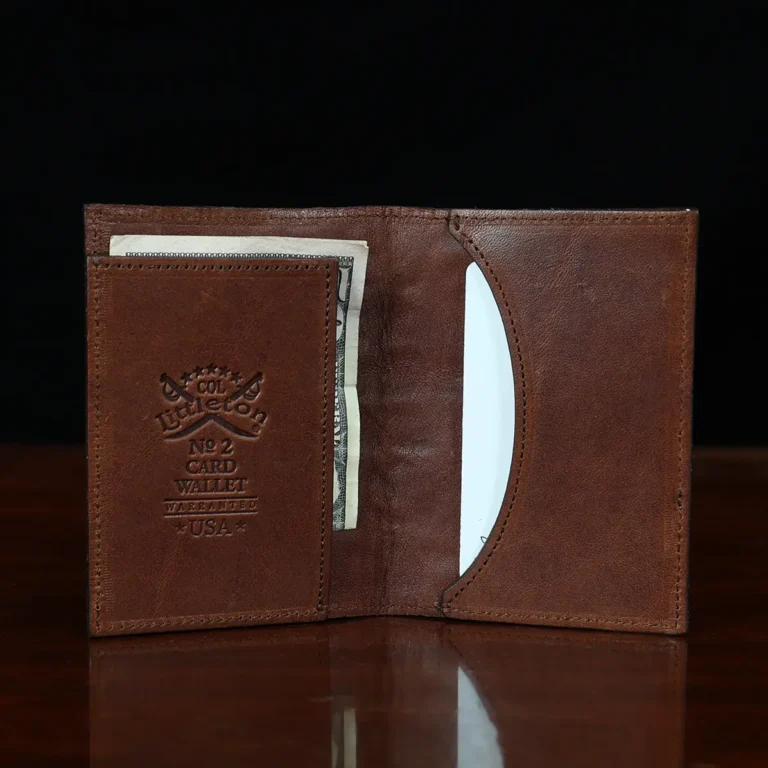 No. 2 Card Wallet in Vintage Brown American Alligator - ID 002 - open view with card and cash on a black background
