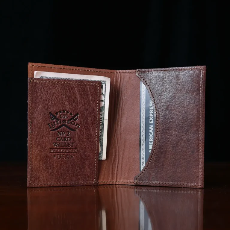 No. 2 Card Wallet in Vintage Brown American Alligator - ID 002 - open with money view on a black background