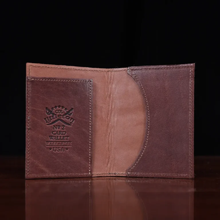 No. 4 Card Case in Vintage Brown American Alligator - ID 001 - open view on a wood table and dark background