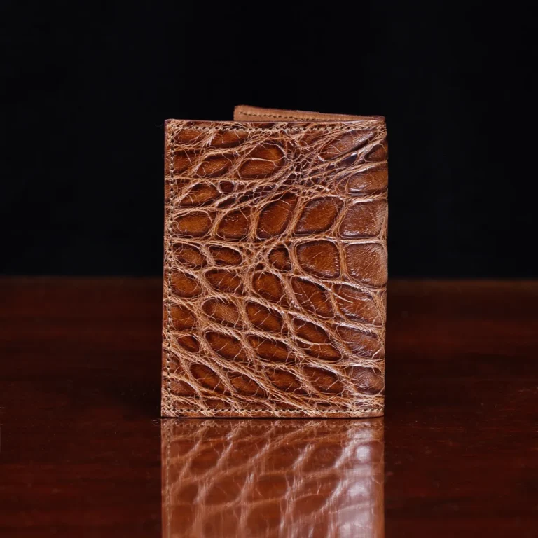 No. 2 Card Wallet in Vintage Brown American Alligator - ID 003 - back view on a black background