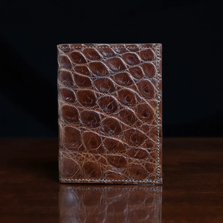 No. 2 Card Wallet in Vintage Brown American Alligator - ID 003 - front view on a black background