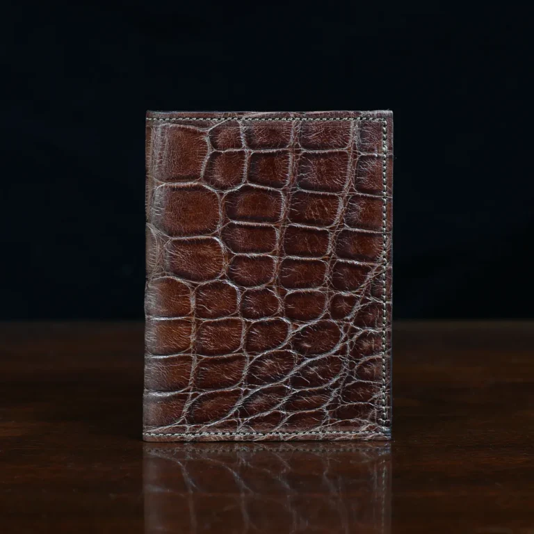 No. 2 Card Wallet in Vintage Brown American Alligator - ID 003 - front view on a black background