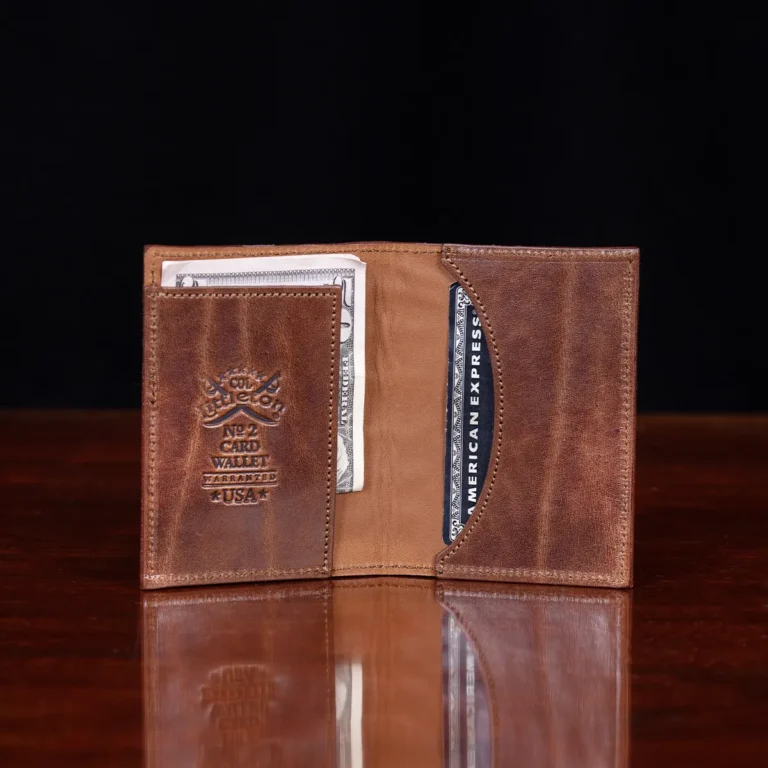 No. 2 Card Wallet in Vintage Brown American Alligator - ID 003 - open view on a black background with money and card